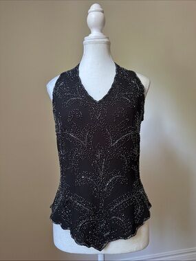 JMD NEW YORK Vintage Black Beaded Faux Halter Scalloped Fairy Whimsy Top Small